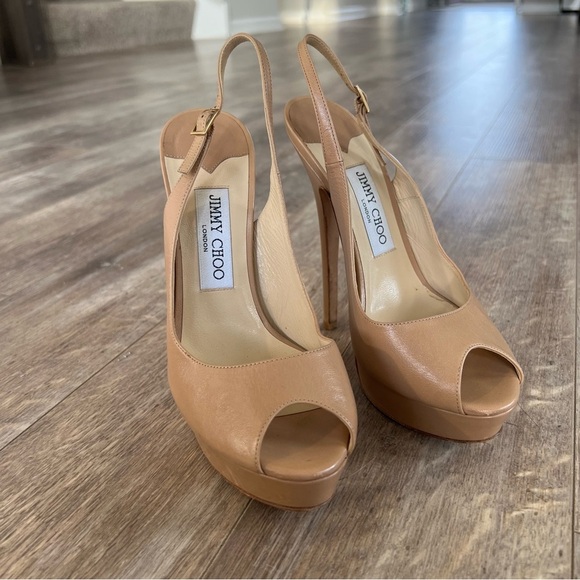 Jimmy Choo Tan Platform Peep-Toe Heels - Picture 4 of 13